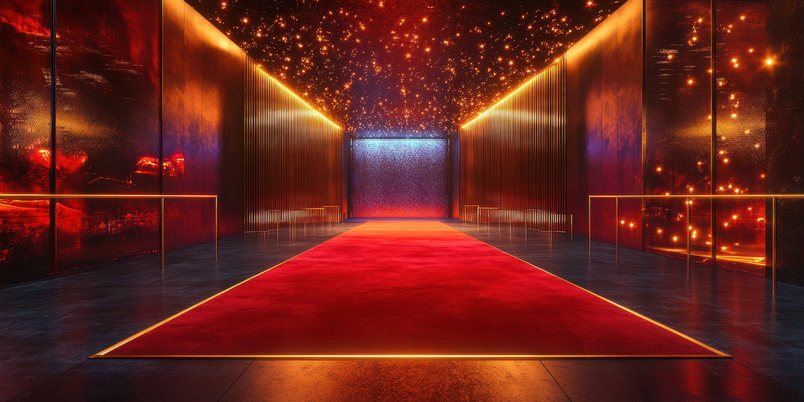 Vibrant hallway with glowing walls and a red carpet at night in a modern venue